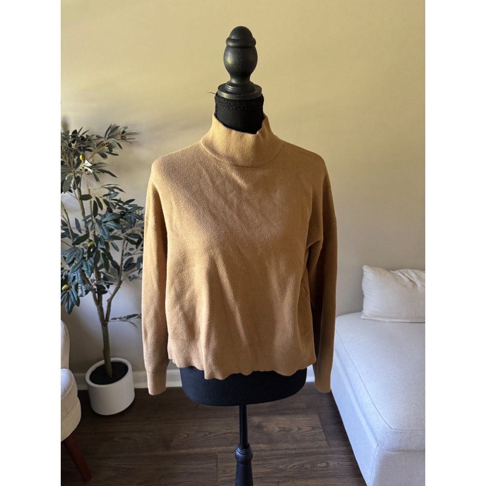 All Row Mock Neck Sweater Camel Tan Knit Dropped Shoulder TM1410 Medium
